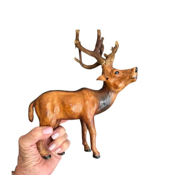 Vintage Leather Covered Deer Buck Figurine with 12-Point Rack Antlers - Picture 8 of 10